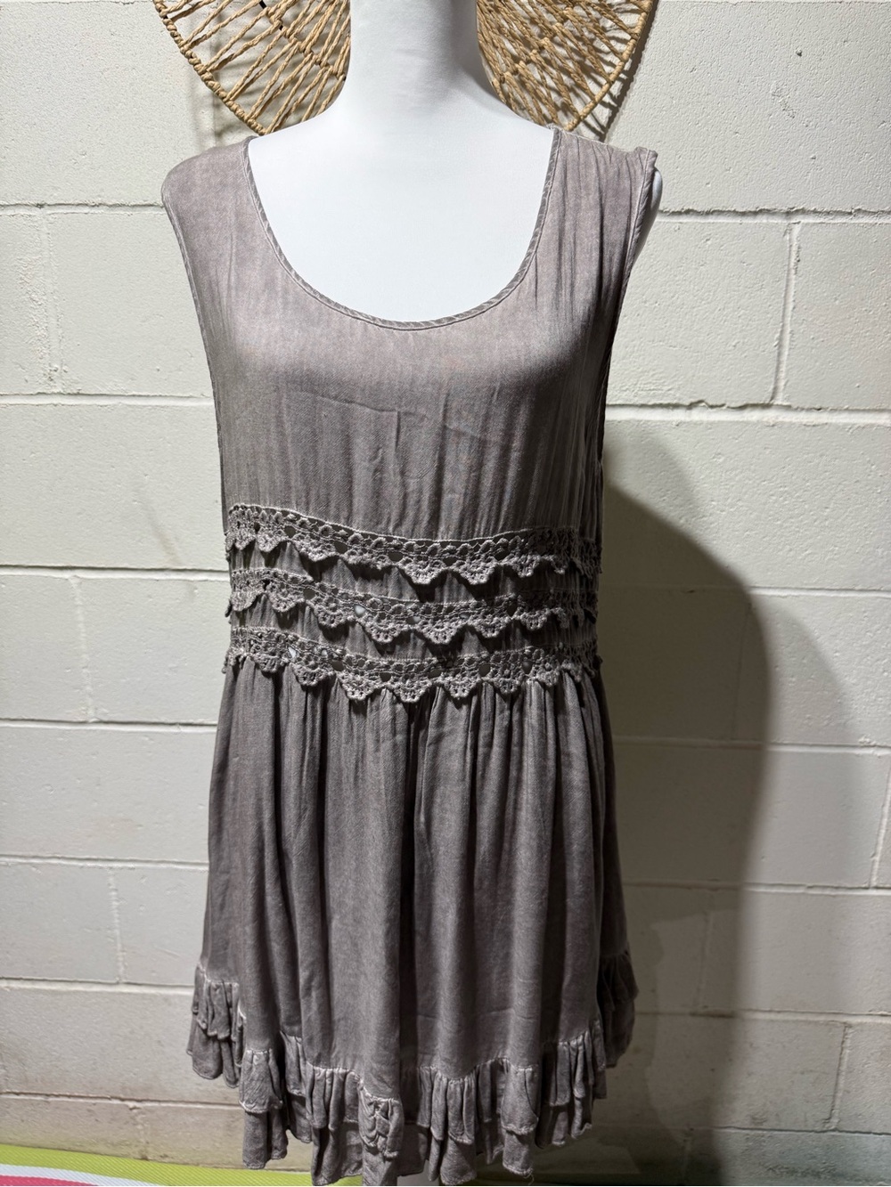 Sleeveless Taupe Crochet Waist Ruffle Dress Boho